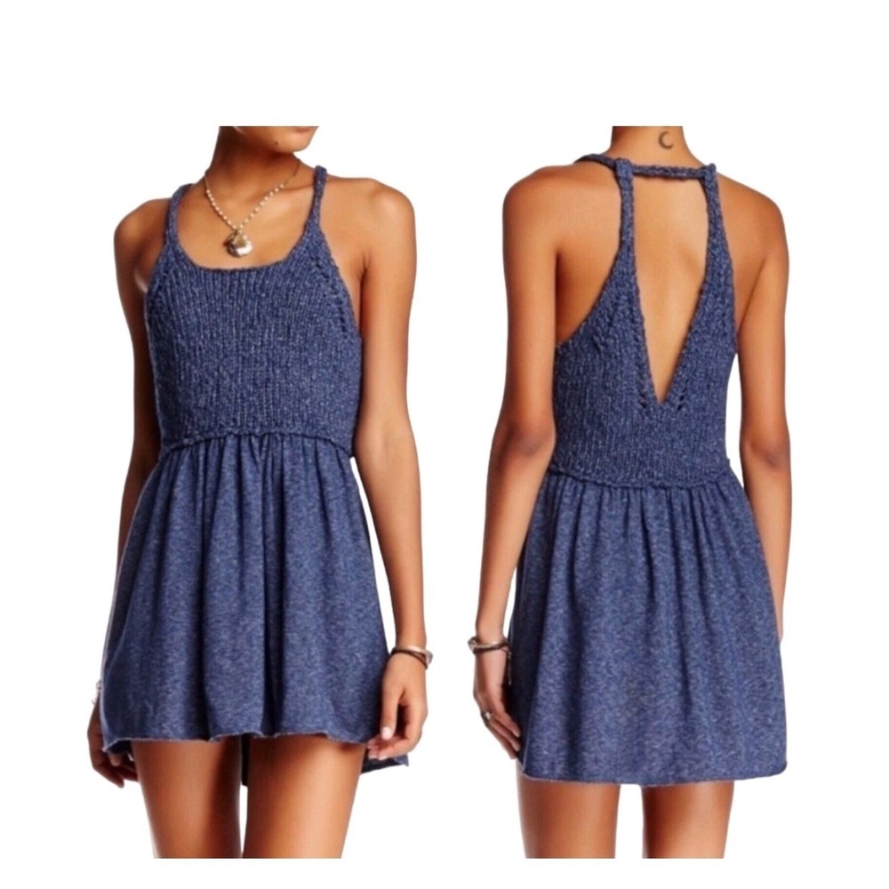 Free People Mountain View Blue Knit Halter Mini Dress‎ Cotton Wool Festival Boho